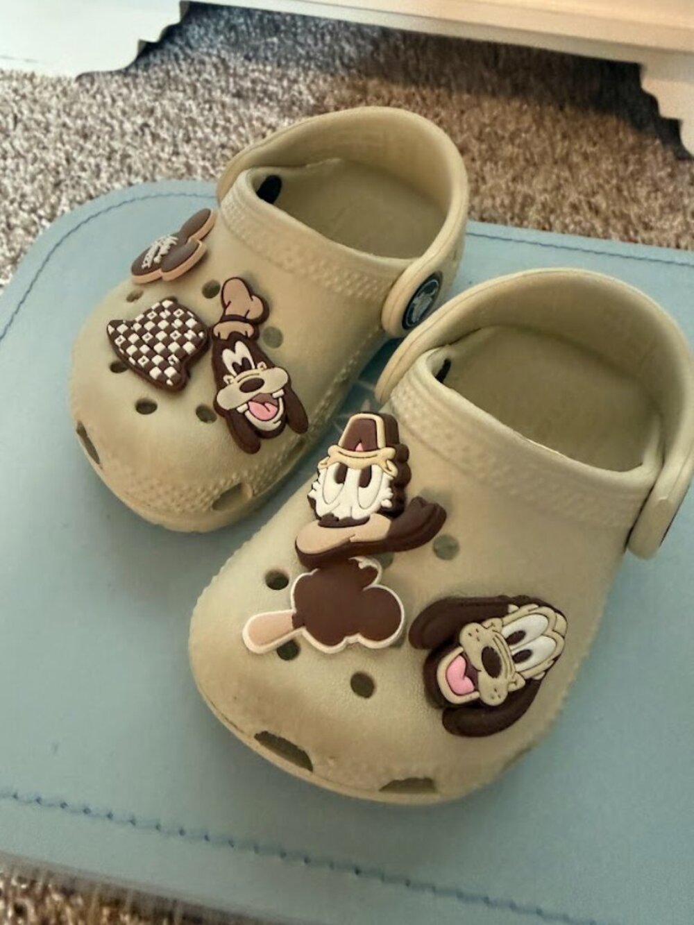 Beige Toddler Crocs with Neutral Disney Charms Size 4C